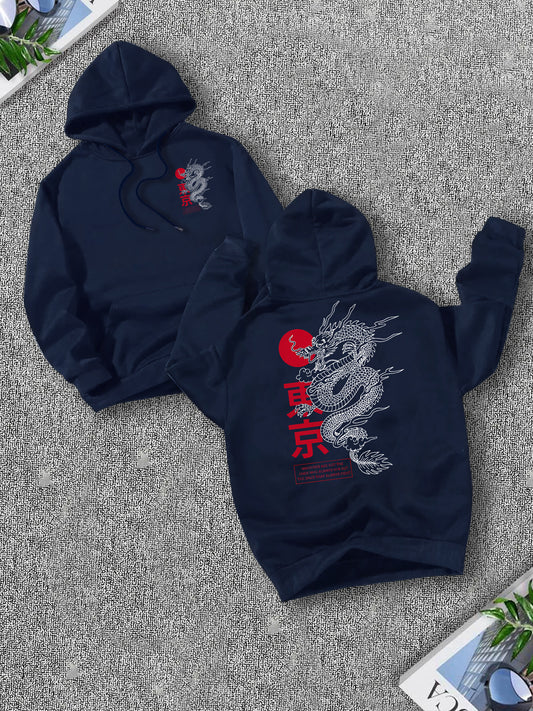 Cow King Selects Autumn and Winter New Multi-color Front and Back Pattern Dragon Element Print Fashionable and Versatile Hoodie for Men, Loose Couple Hoodie, Casual Jacket, American Fashion Brand