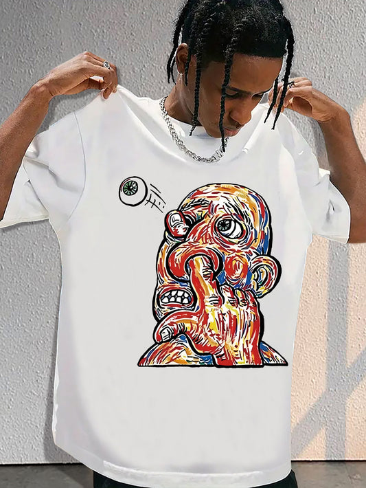 Abstract Portrait Graffiti Print T-Shirt for Men - Casual Cotton Blend, Knit Fabric, Round Neck, Unisex Hip-Hop American Streetwear Top, All-Season Comfort