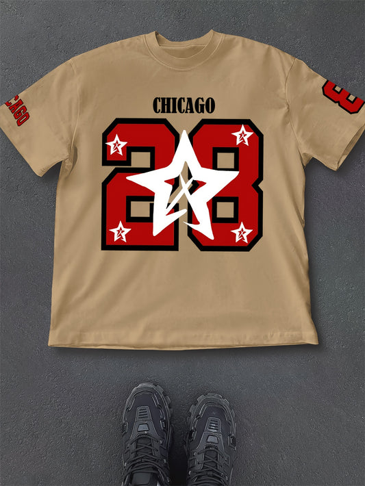 Men's Casual Summer T-Shirt with Printed Lettering and Numbers, Loose Fit, Polyester Knit Fabric, Round Neck, Short Sleeve