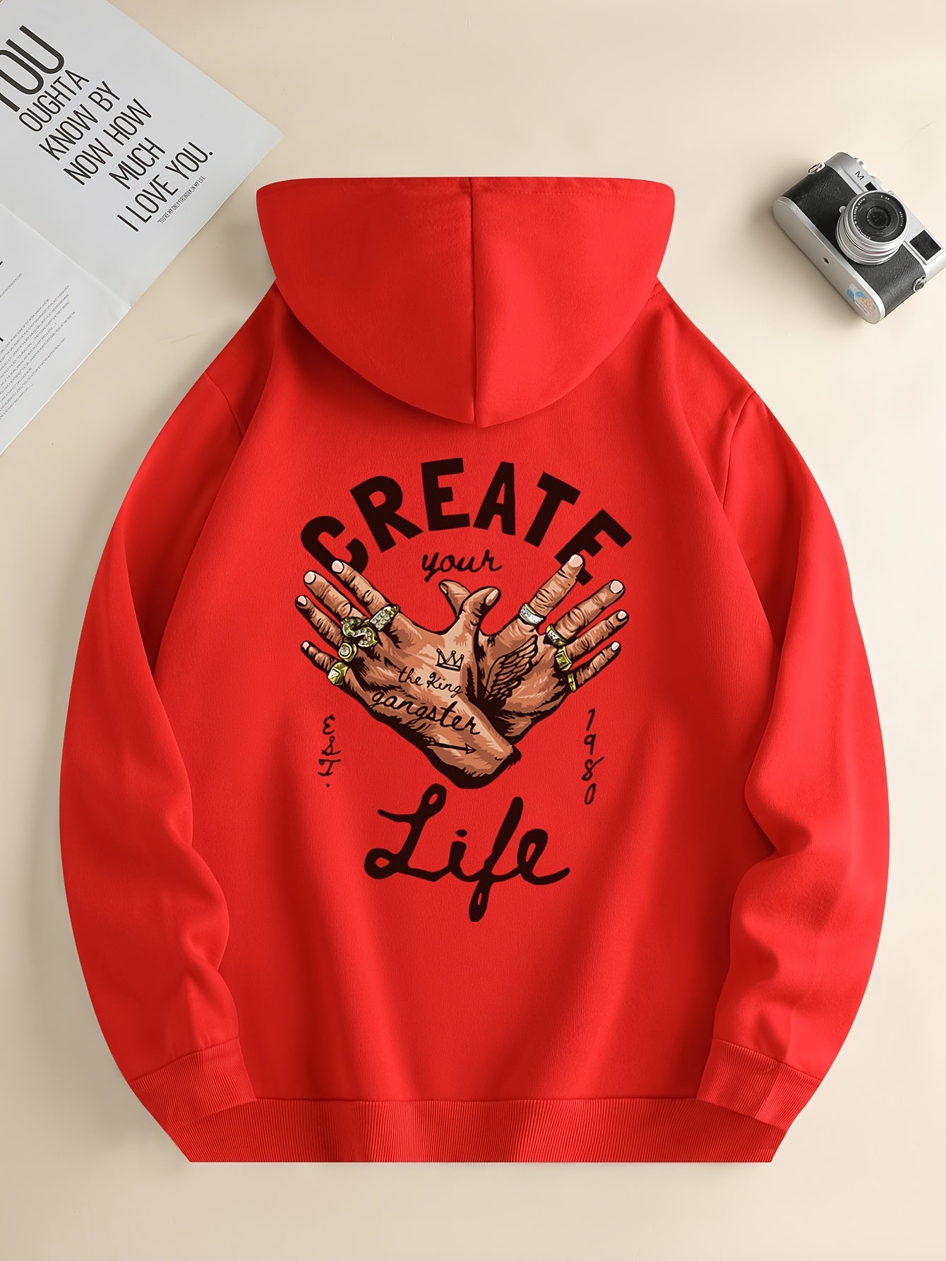 1pc Men'S Casual Street Gang Gesture Print Hoodie, Polyester Knit Fabric with Slight Stretch, Regular Fit Hooded Sweatshirt with Drawstring and Kangaroo Pocket, All-Season Top