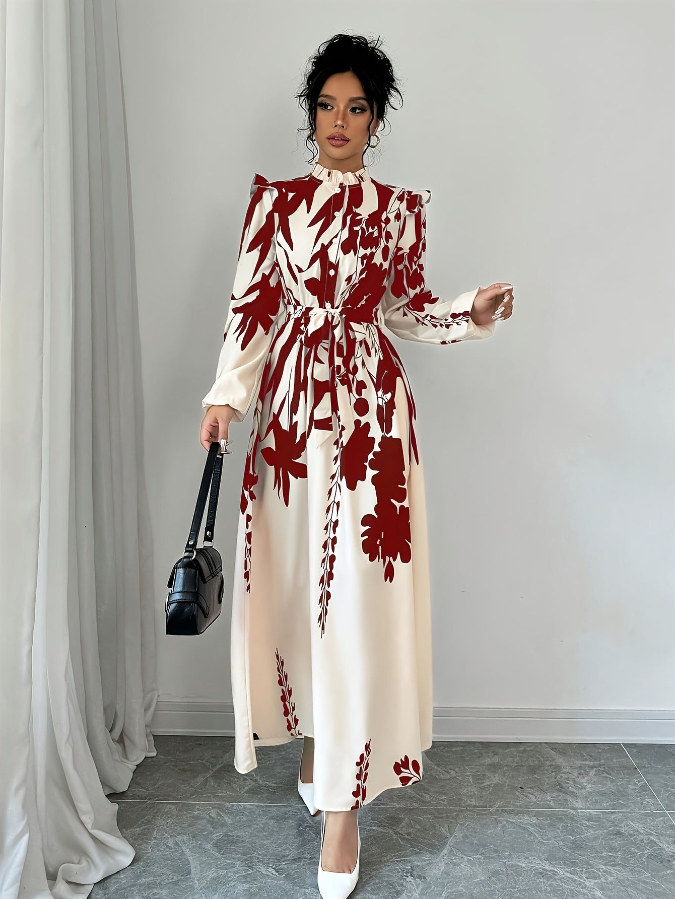 [1pc Floral Print A-Line Dress] 1pc Women'S Floral Print A-Line Dress with Waist Cinching, Polyester Fiber, Classic Collar, Autumn/Winter Season, 120g/m² Fabric Weight, 50g/m² Lining
