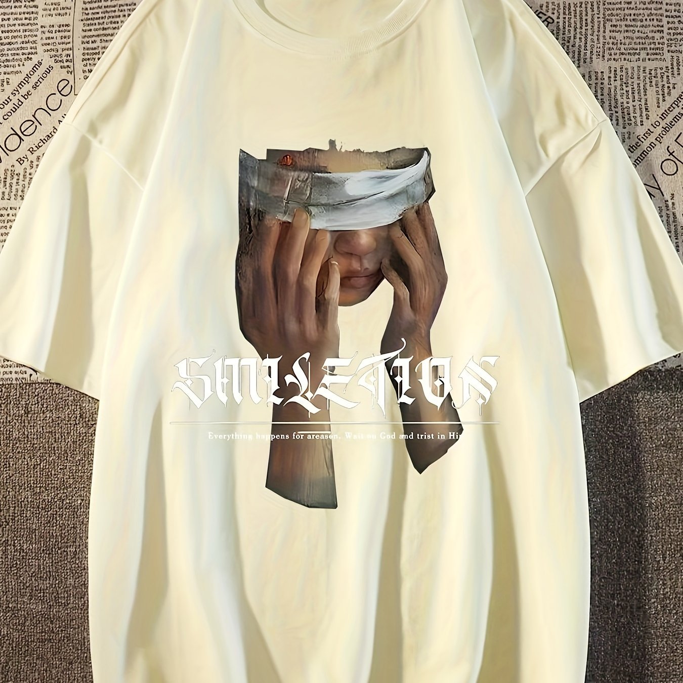 Men's Vintage-Inspired Cotton T-Shirt with Unique Print - Loose Fit, Drop Shoulder Design, Round Neck, Non-Transparent - Perfect for Summer