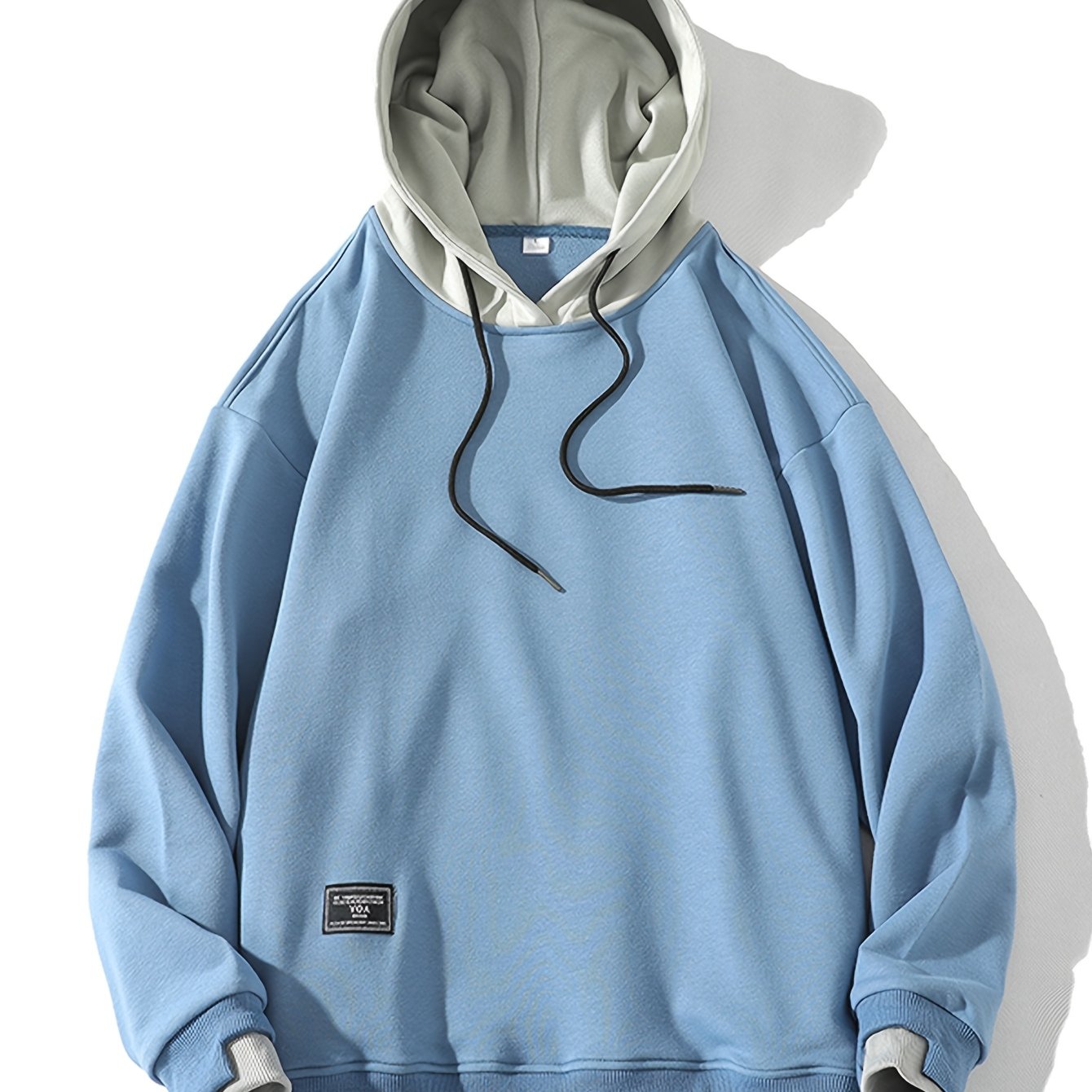 Men'S Fashion Casual Hooded Sweatshirt, 100% Polyester Knit Fabric, Long Sleeve, Loose Fit Pullover with Geometric Applique Design, Medium Stretch, for Spring/Autumn Trendy Streetwear