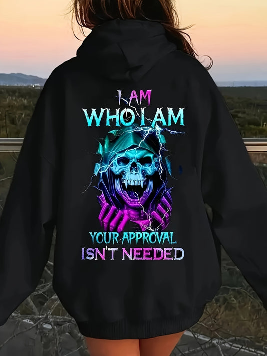 Plus Size Casual Skull Print Hoodie, Polyester Knit Fabric, Long Sleeve Pullover with Drawstring Hood, Front Pocket, Slight Stretch, for Fall/Winter