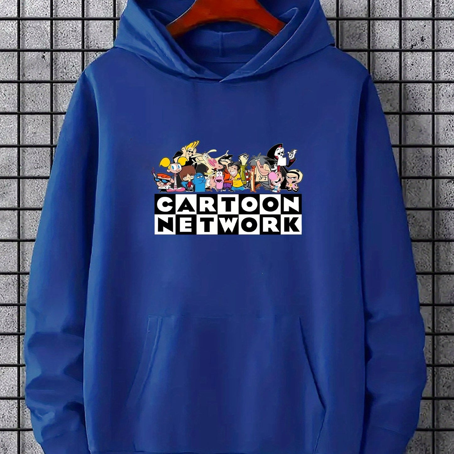 Men's Cartoon Network Hoodie, Fashionable Casual Pullover with Kangaroo Pocket, Loose Fit Long Sleeve Sweatshirt, All-Season Style, Knitted Fabric, Polyester, Geometric Print