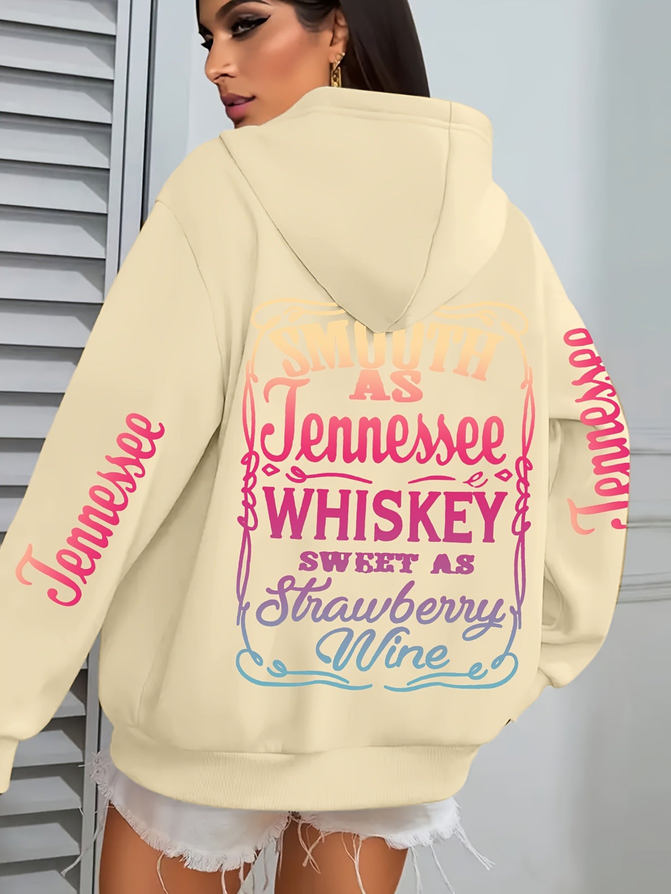 Plus Size Casual Hoodie with Tennessee Whiskey & Strawberry Wine Applique - 100% Polyester, Hooded, Medium Stretch Knit Fabric, Alphabet Pattern, Cozy Fall/Winter Style