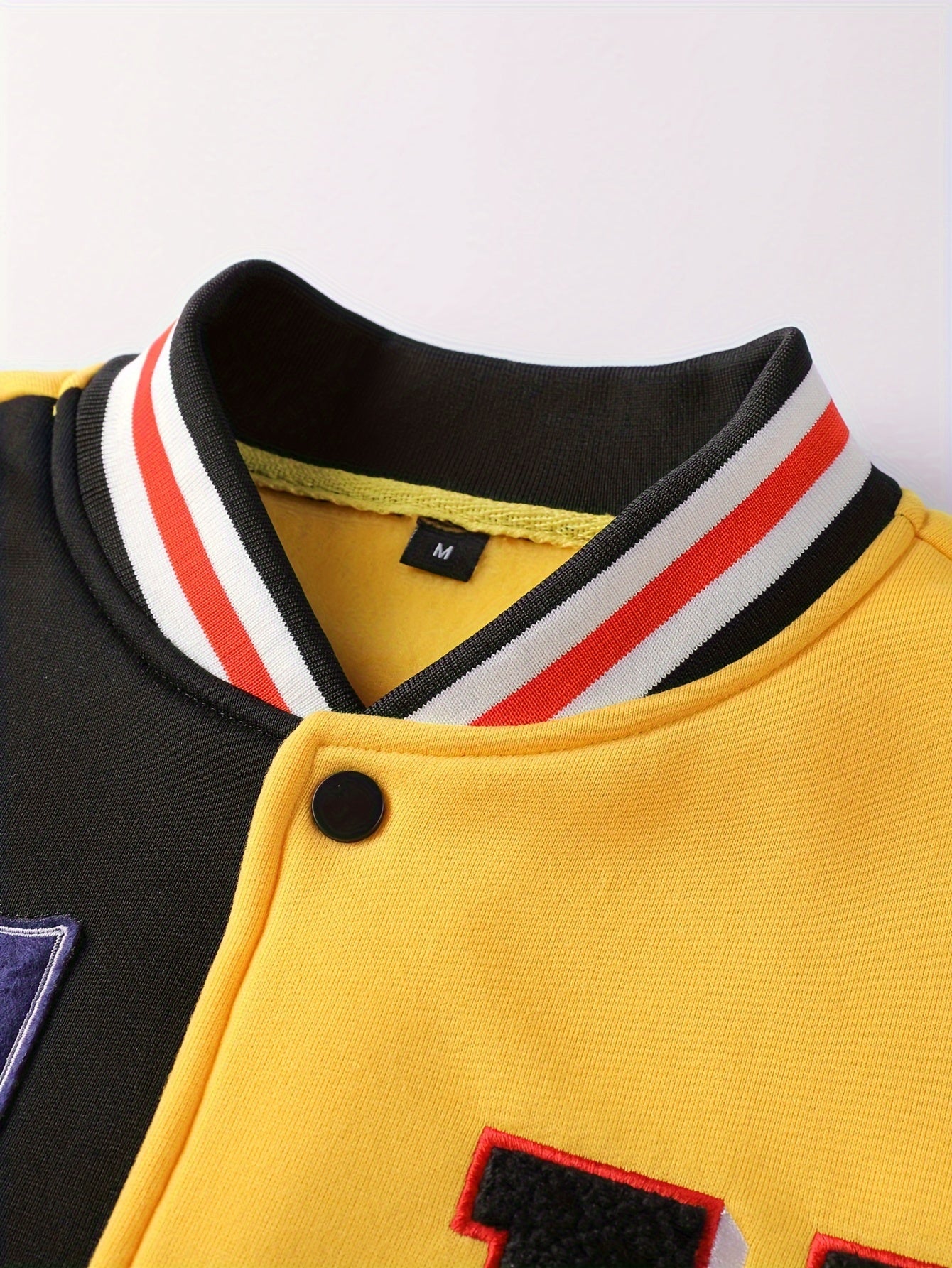 Men's Casual Letter Print Embroidered Color Block Street Style Outdoor Sports Baseball Jacket with Knitted Fabric, Long Sleeve, Baseball Collar, Single Button Closure, and Pocket Details