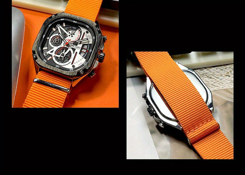 MEGIR Black Quartz Watch Men Square Dial Wristwatch with Chronograph Stainless Steel Strap Luminous Hands Auto Date
