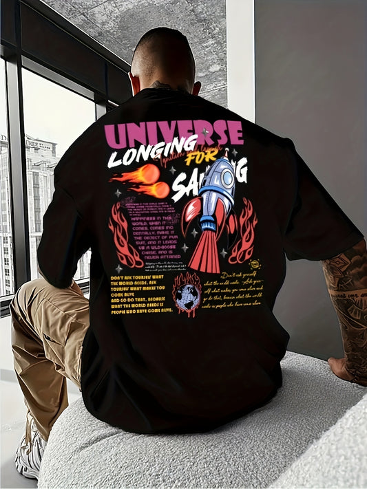 Men's Street Style Rocket Graffiti Print T-Shirt - Casual, Loose Fit with Crew Neck, Breathable Polyester, Machine Washable - Perfect for Summer
