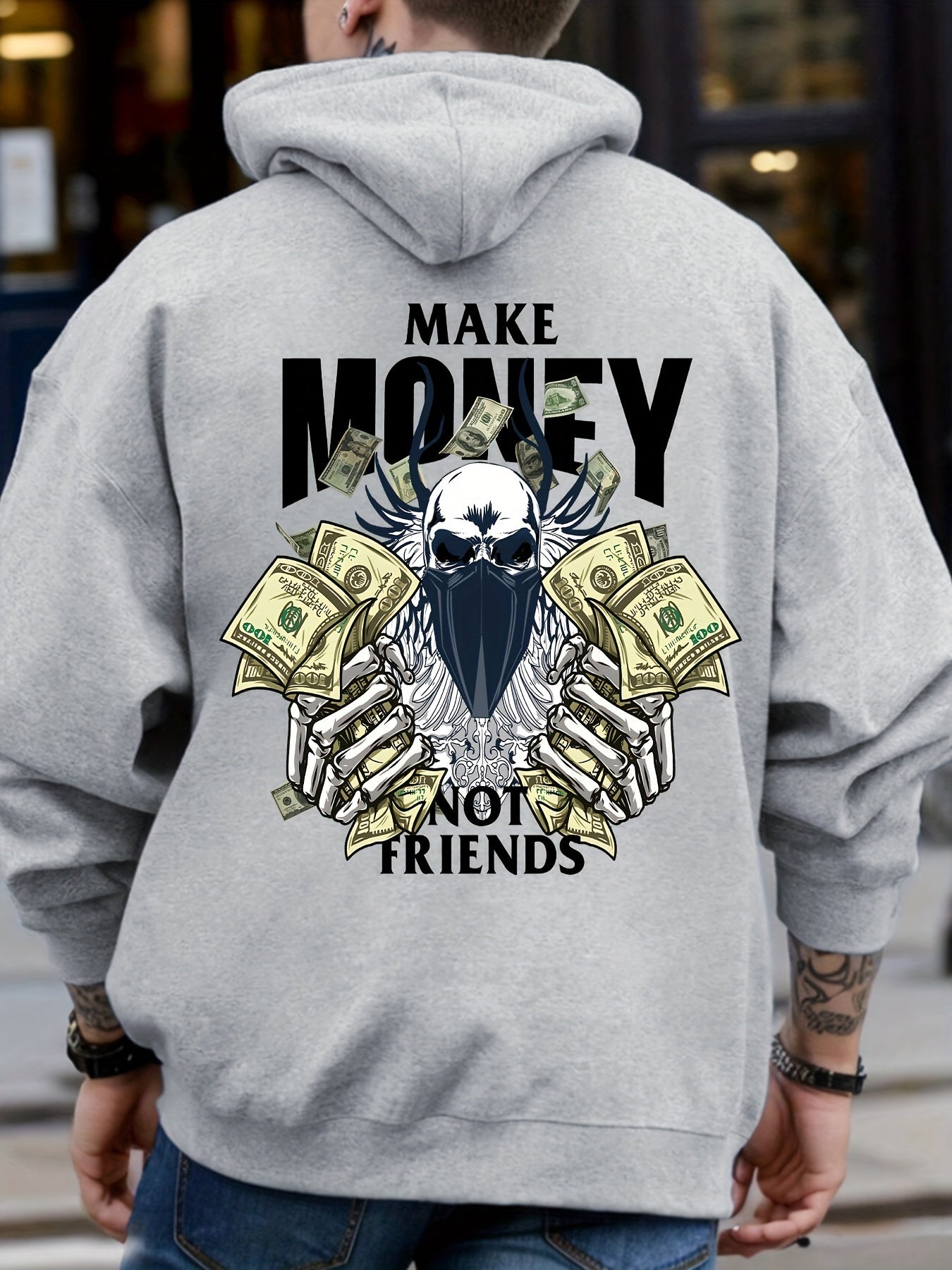 MAKE MONEY NOT FRIENDS Print Kangaroo Pocket Hoodie, Casual Long Sleeve Hoodies Pullover Sweatshirt, Men's Clothing, For Fall Winter