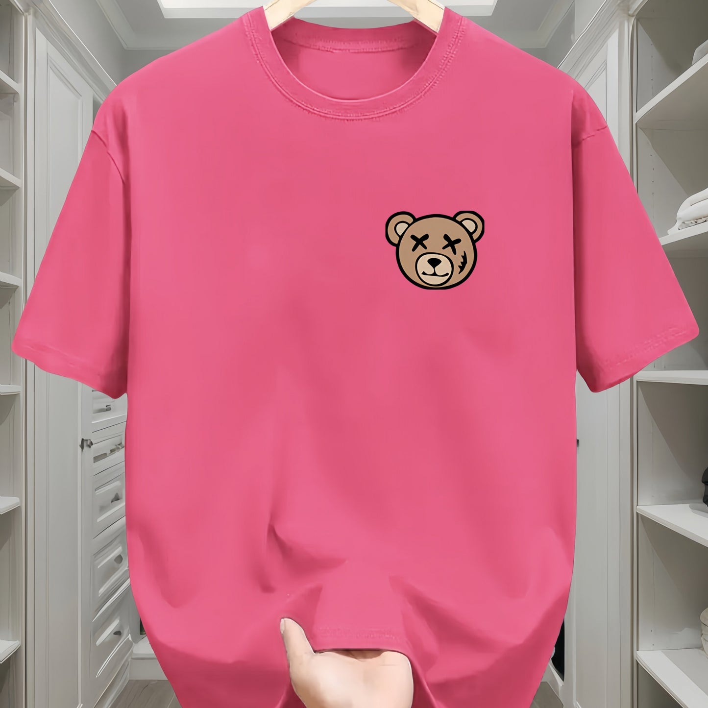Men's Classic Black Cotton T-Shirt with Cute Bear Design - Casual, Comfortable Short Sleeve Crew Neck Tee, Machine Washable for All Seasons