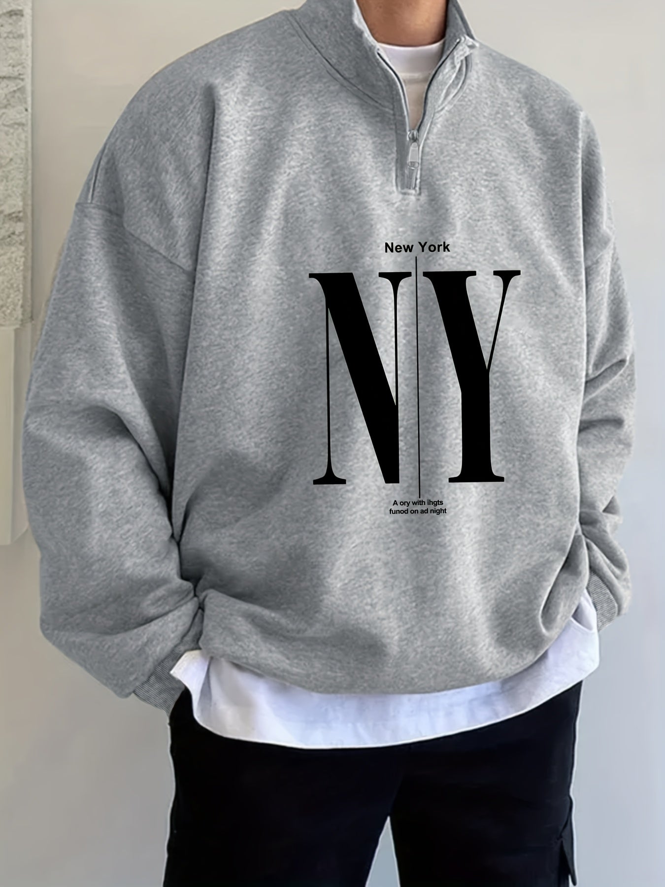 1pc Men'S Casual Polyester Sweatshirt with NY Letter Print, Collared Neck, Long Sleeve, Slight Stretch Knit Fabric, Regular Fit Pullover for Autumn/Winter