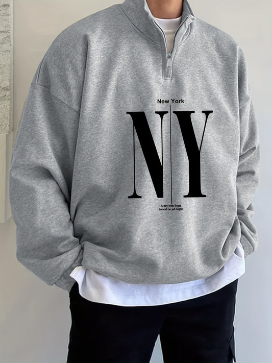 1pc Men'S Casual Polyester Sweatshirt with NY Letter Print, Collared Neck, Long Sleeve, Slight Stretch Knit Fabric, Regular Fit Pullover for Autumn/Winter