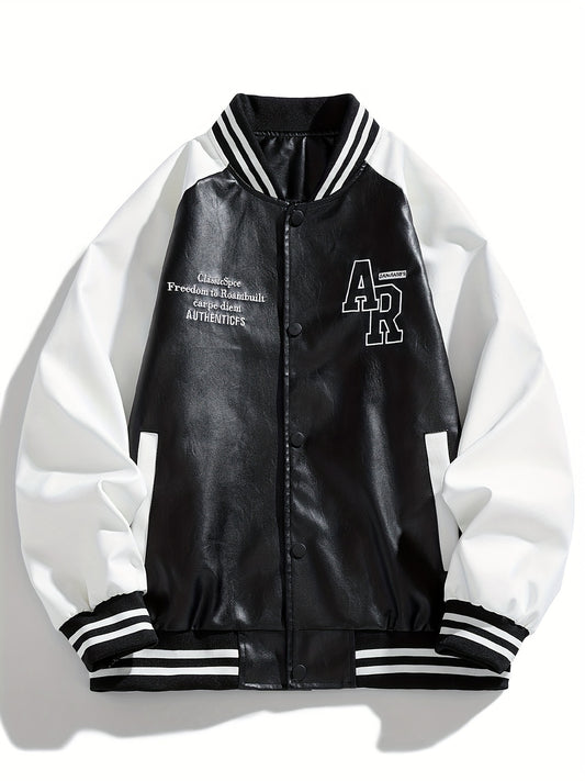 Men's Color Matching AR Graphic Print Striped Baseball Jacket With Pockets, Casual Baseball Collar Button Up Long Sleeve Varsity Jacket For Outdoor