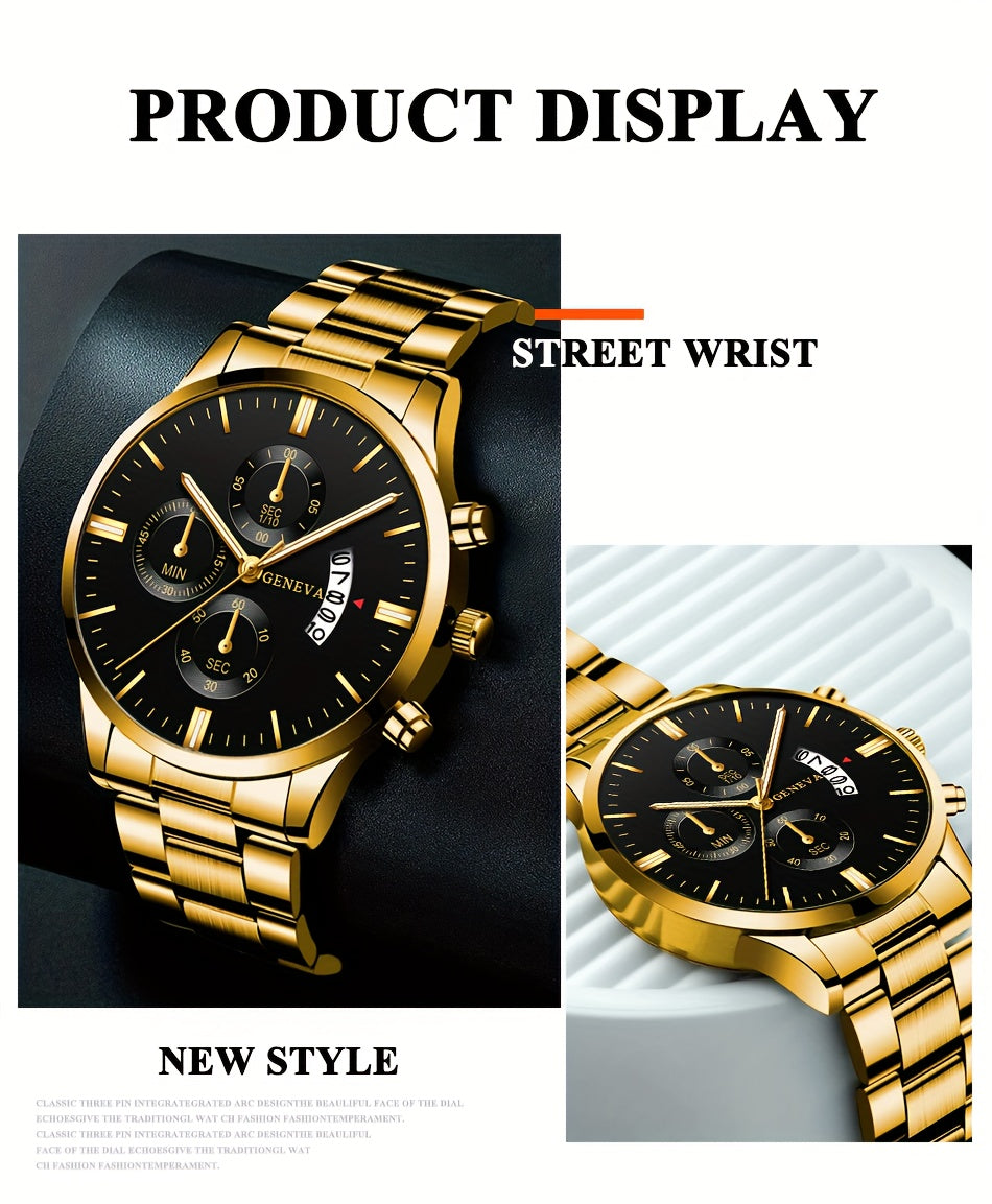 2PCS Fashion Mens Bracelet Watches Set Men Business Stainless Steel Quartz Watch Male Calendar Date Wristwatch