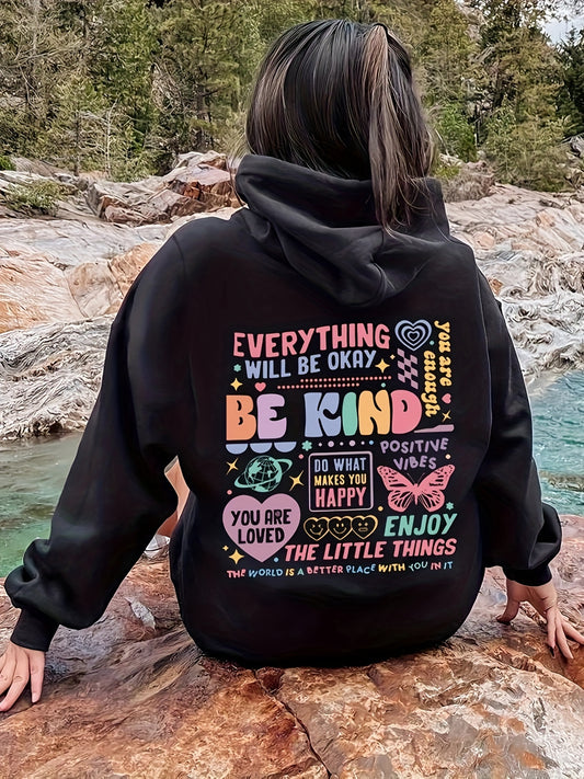 Casual Women's Hooded Sweatshirt with Positive Graphic Messages – 100% Polyester Knit Fabric, Geometric Alphabet Patterns, Front Pocket – Comfortable Casual Fall/Winter Hoodie