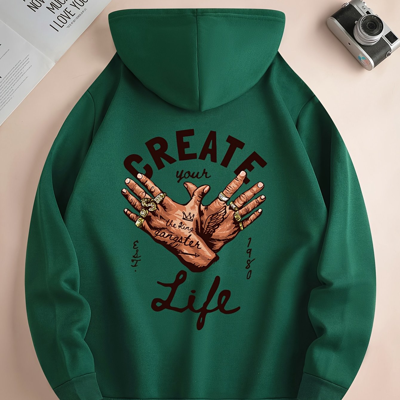 1pc Men'S Casual Street Gang Gesture Print Hoodie, Polyester Knit Fabric with Slight Stretch, Regular Fit Hooded Sweatshirt with Drawstring and Kangaroo Pocket, All-Season Top
