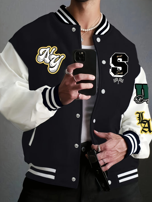 Men's Casual Varsity Baseball Jacket - 100% Polyester Knit Fabric with Slight Stretch, Loose Fit, All-Season, Drawing Pattern with Baseball Collar