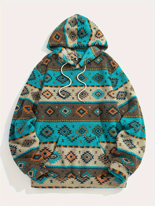Ethnic Style Plush Print Kangaroo Pocket Hooded Sweatshirt