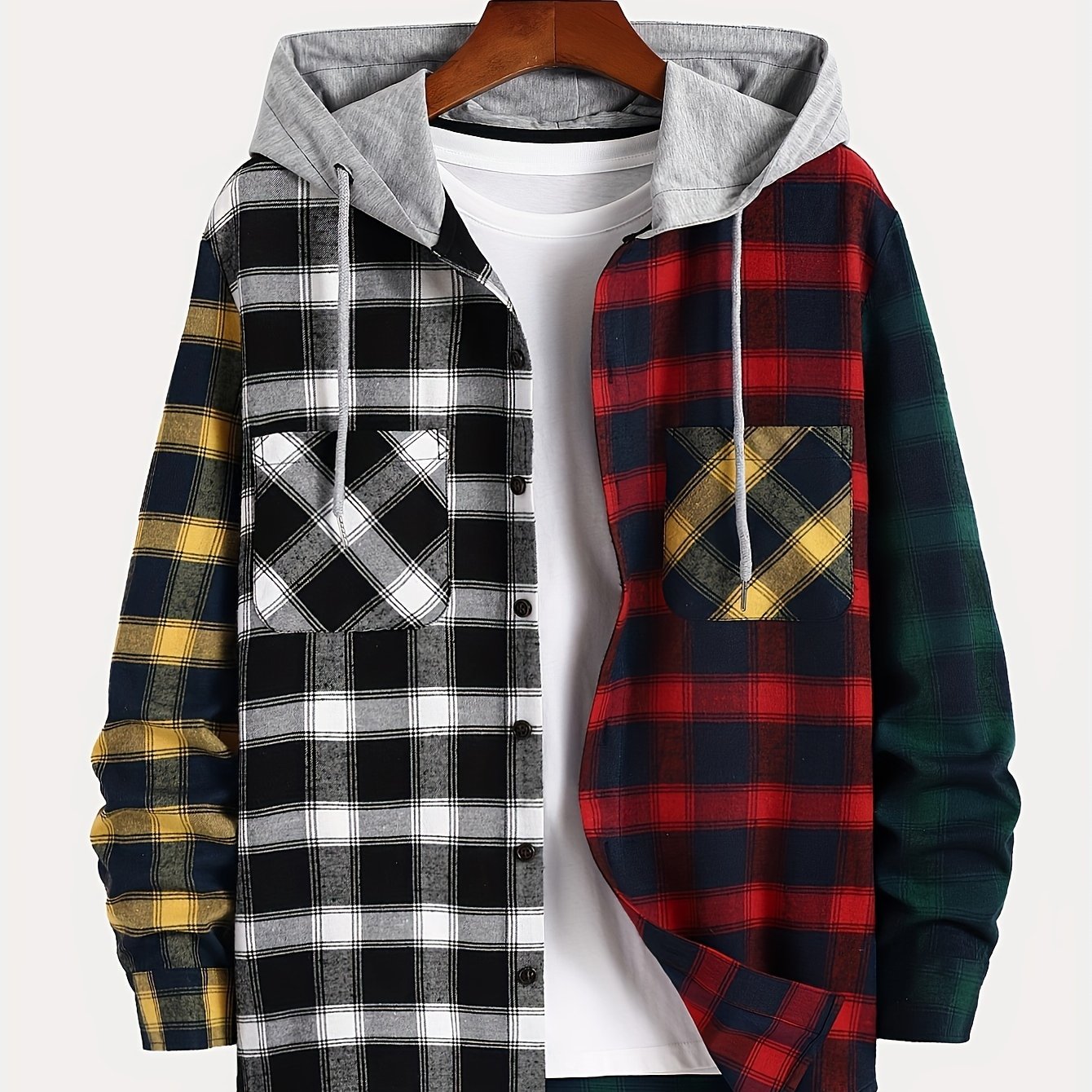 Casual Plaid Hoodie for Men - 100% Polyester Hooded Sweatshirt with Drawstring and Pocket Detail, Non-Stretch Woven Fabric, Perfect for Spring/Fall