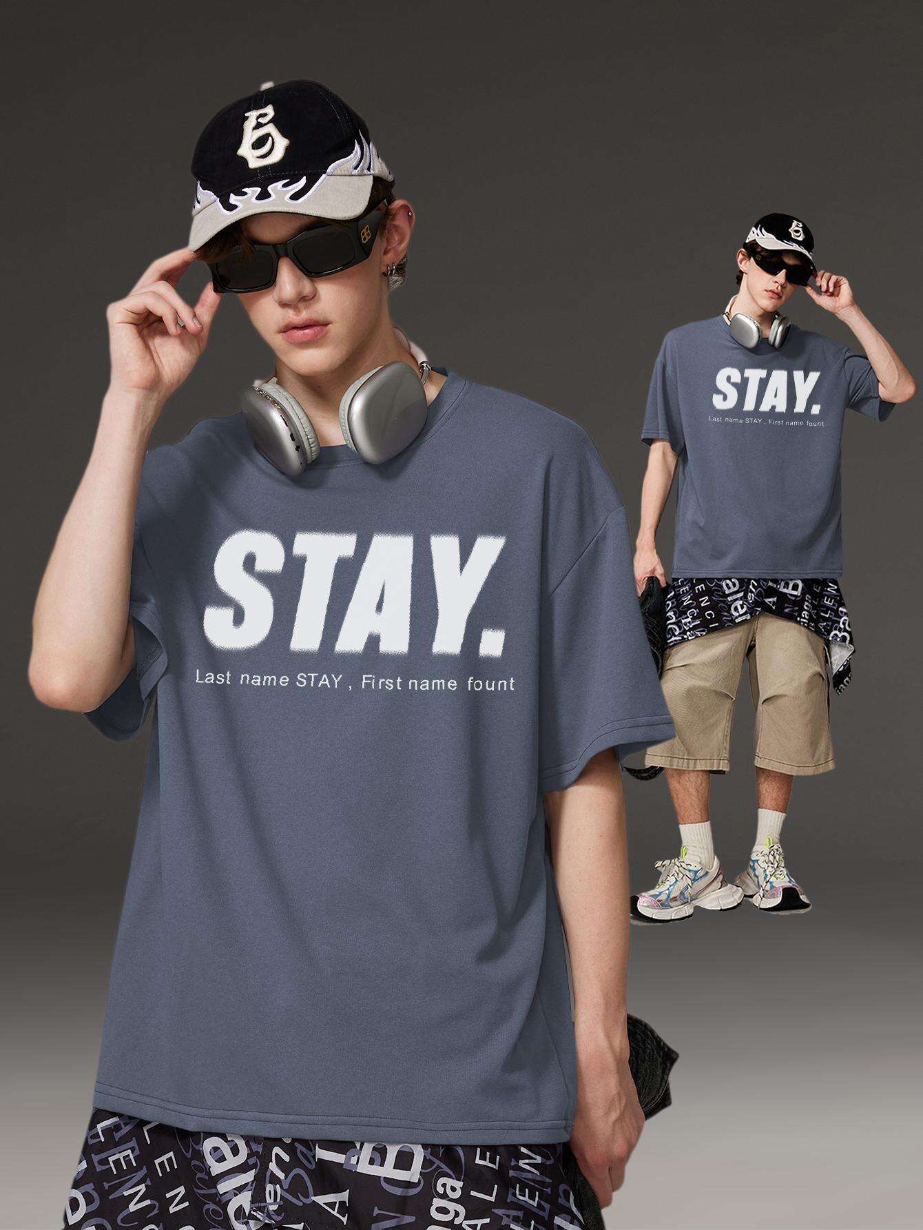 Korean Style Men Tops Kpop Streetwear STAY Print Luxury Cotton Male Tees Oversize Casual Unisex T-shirts Y2k Harajuku