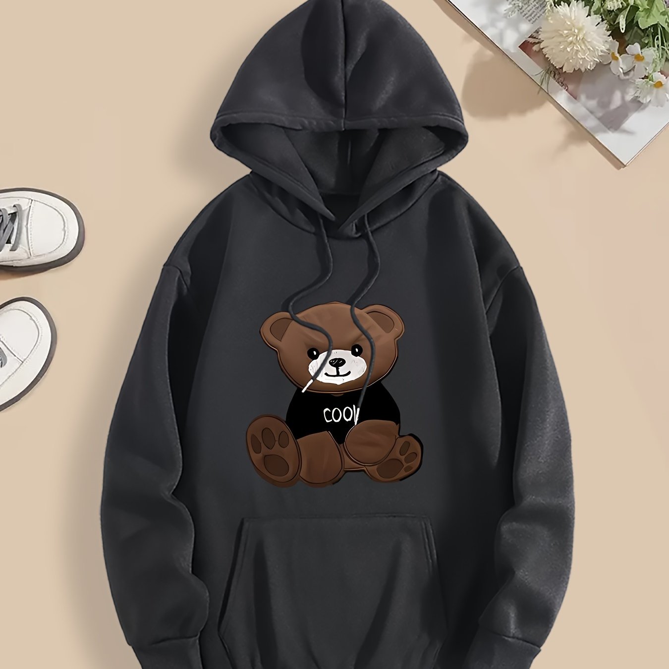 Women'S Cartoon Bear Print Hoodie, Soft Stretch Polyester Pullover with Pocket, Casual Regular Fit, All-Season Beachwear, Knitted with Hood, Autumn/Winter Fashion Sweatshirt