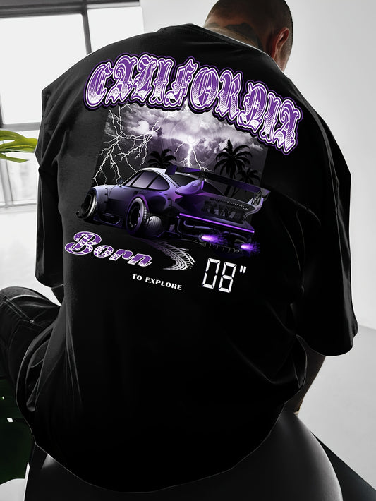 1pc Men'S Casual Polyester T-Shirt with California Lettering & Purple Drift Racing Car Print, Geometric Pattern, Crew Neck, Slight Stretch, Loose Fit, Breathable Streetwear for Summer Outdoor Daily Use
