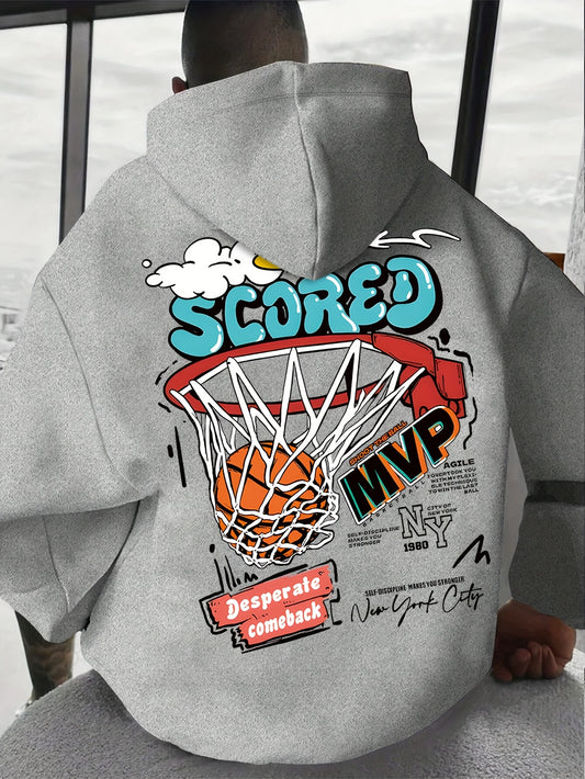 Men's Basketball Print Fleece-Lined Hoodie - Casual & Trendy, Loose Fit with Pockets for Fall/Winter