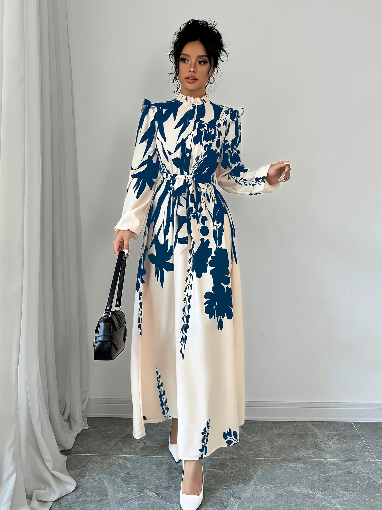 [1pc Floral Print A-Line Dress] 1pc Women'S Floral Print A-Line Dress with Waist Cinching, Polyester Fiber, Classic Collar, Autumn/Winter Season, 120g/m² Fabric Weight, 50g/m² Lining