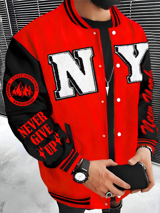 Never Give Up" NYC Embroidered Men's Varsity Jacket - Casual & Warm Fleece-Lined, Color Block Baseball Collar Outerwear with Pockets, Perfect for Fall/Winter Hip Hop & Rock Style