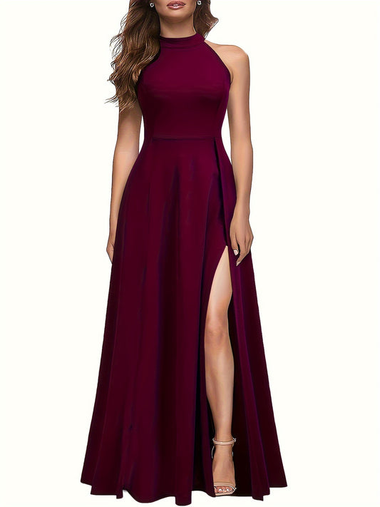 Mock Neck Sleeveless Slim Dress, Elegant Split Maxi Solid Dress For Party & Banquet, Women's Clothing Wedding occasion engagement party ceremony