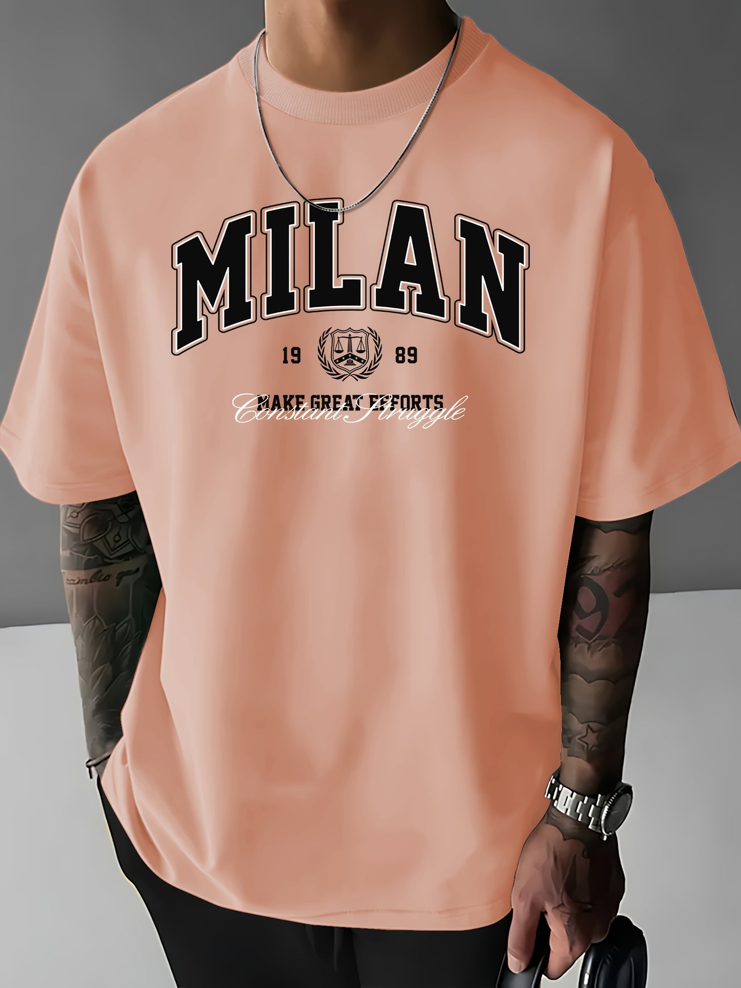 MILAN 1989 Graphic Print T-Shirt for Men - 100% Polyester Street Style Tee with Crew Neck, Slight Stretch Fabric, Casual Loose Fit Short Sleeve Top for Summer, Knit Weave