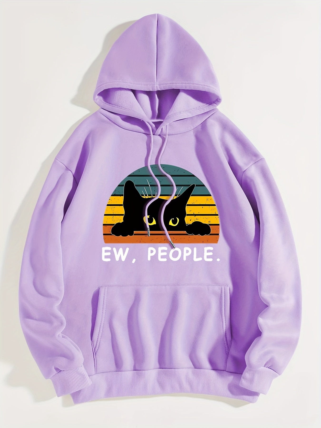 Cat Print Kangaroo Pocket Hoodie, Casual Long Sleeve Drawstring Hoodies Sweatshirt, Women's Clothing