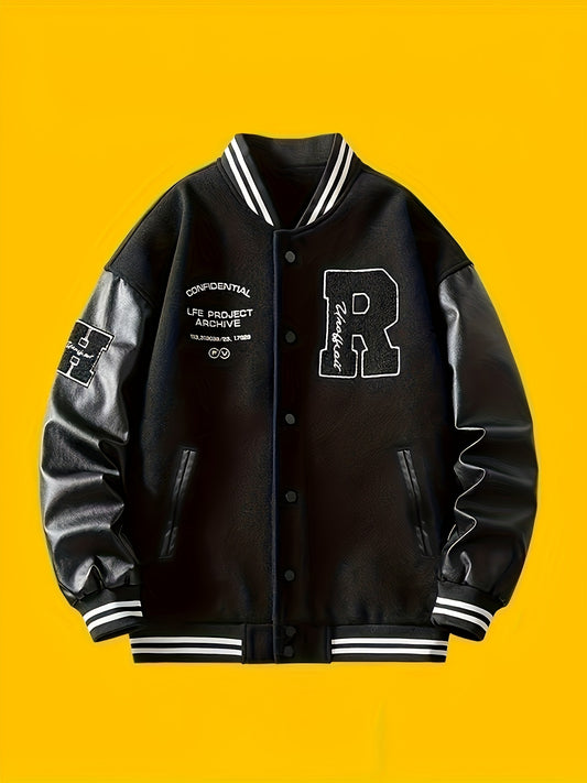 1pc Men'S Casual Polyester Jacket with Baseball Collar, Solid Color, Snap Closure, Non-Stretch Fabric, Woven, Regular Fit, Polyester Lined - Fall/Winter Sports and Function Warm Outerwear