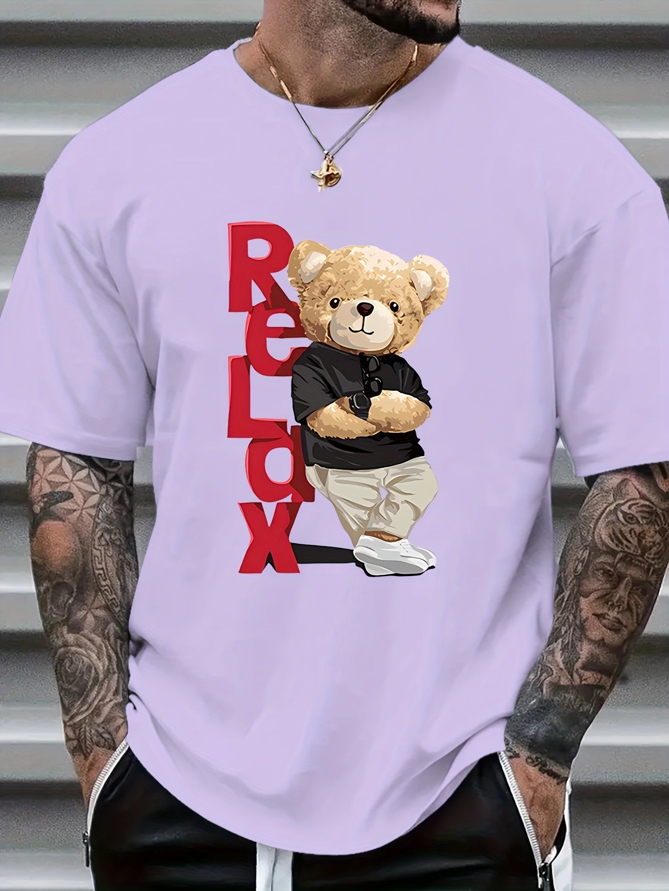 Men's Trendy Bear Print Short Sleeve T-Shirt - Comfortable Polyester Blend, Round Neck, Machine Washable for Summer, Leisure Style, Conventional Version, Summer