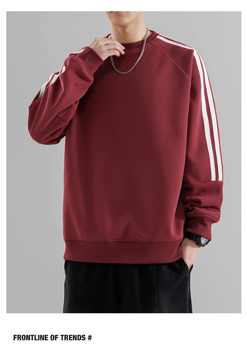 Men'S Casual Crew Neck Hoodie, 100% Polyester Knit Fabric, Solid Color with Side Stripes, Regular Fit, Non-Stretch, 250g/m² - Comfortable and Stylish for Street and Outdoor Activities