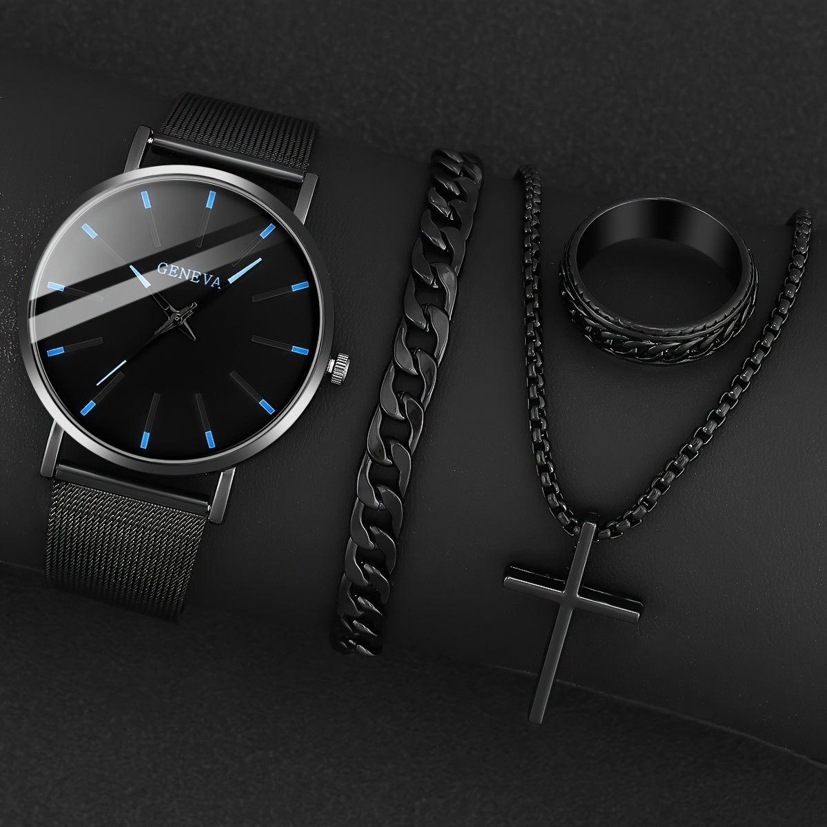 4pcs Men's Fashion Set: Vintage Black Quartz Watch with World Time, Cross Necklace, Chain Bracelet & Jewelry - Alloy Band Valentine's Day