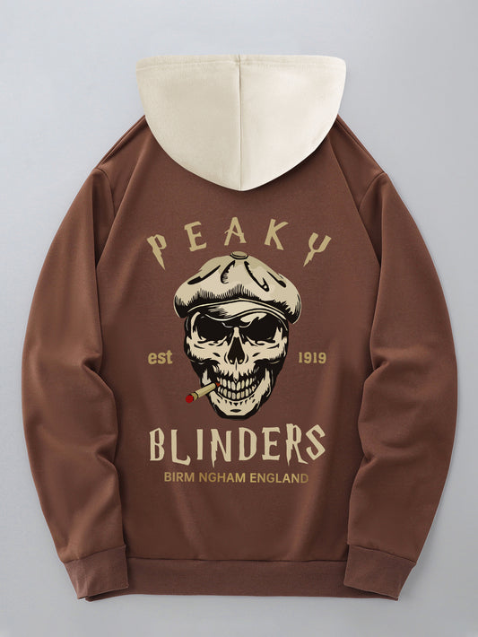Men'S Fashion Hoodie, Peaky Blinders Skull Print, Casual Pullover with Kangaroo Pocket, Drawstring, Knitted Polyester, Regular Fit, All Seasons