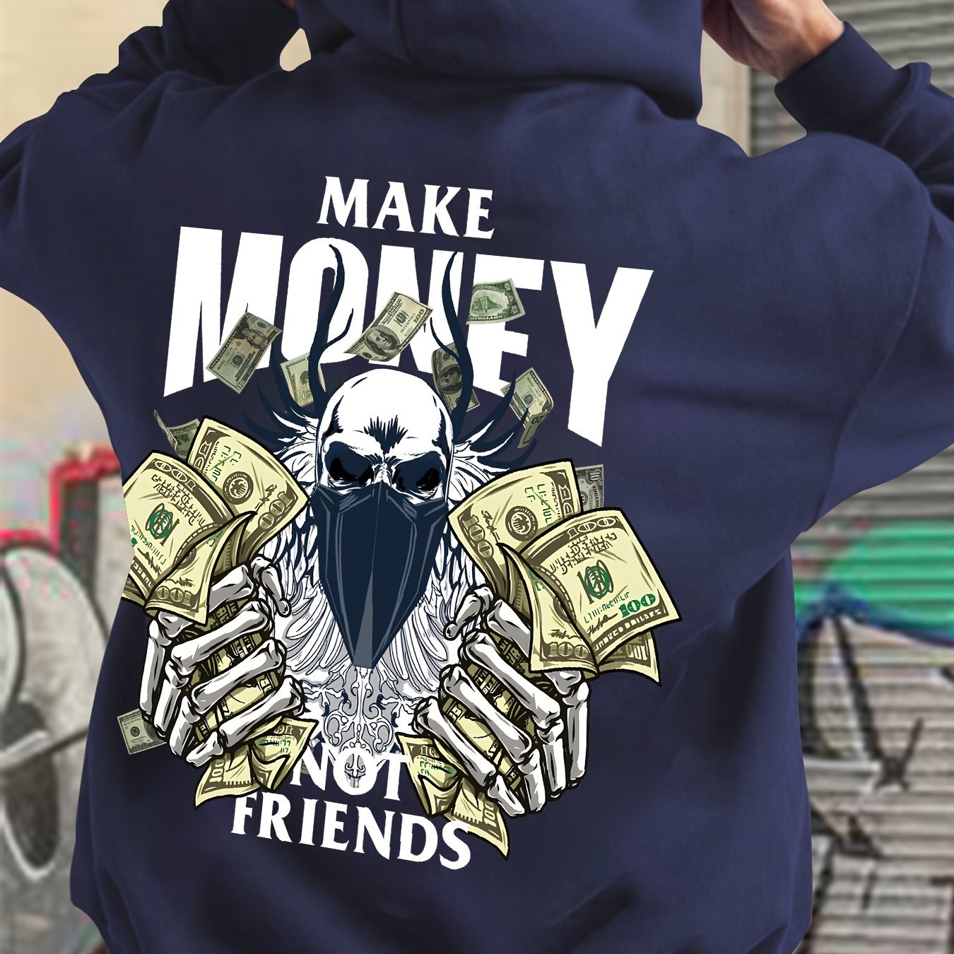 MAKE MONEY NOT FRIENDS Print Kangaroo Pocket Hoodie, Casual Long Sleeve Hoodies Pullover Sweatshirt, Men's Clothing, For Fall Winter