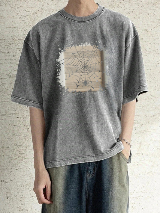 Vintage-Inspired Men's Fashion T-Shirt - Spider Web Graphic, Loose Fit, Cotton Blend, Round Neck, Short Sleeve, Machine Washable - Ideal for Summer, Everyday Tshirt|Oversized Tshirt|Knitted Texture