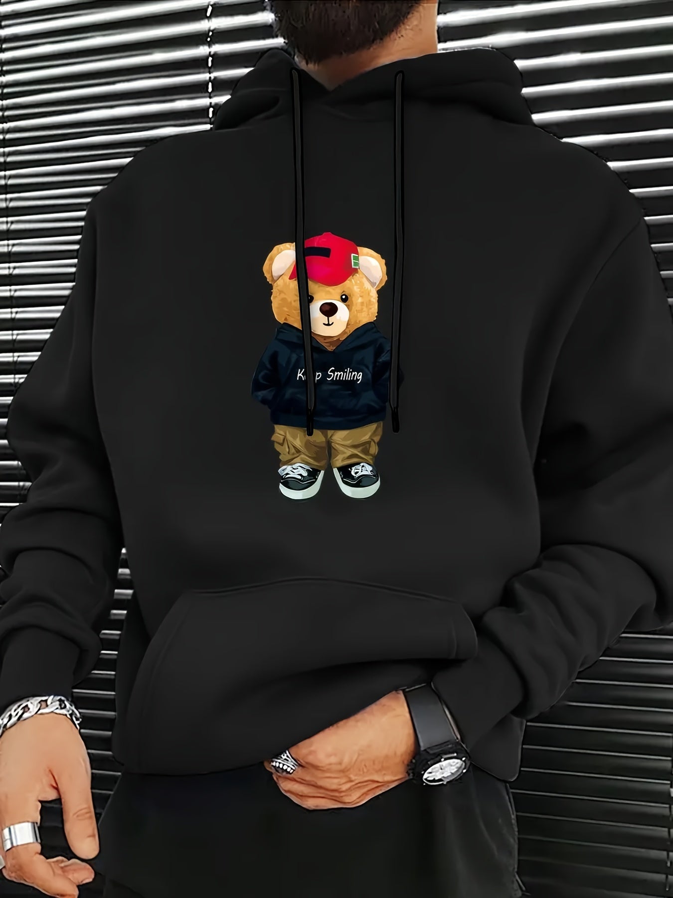 MBDMBD Unisex Trendy Bear Graphic Hoodie, Casual Polyester Knit Fabric with Slight Stretch, Loose Fit, Hooded Pullover Sweatshirt for Fall/Winter
