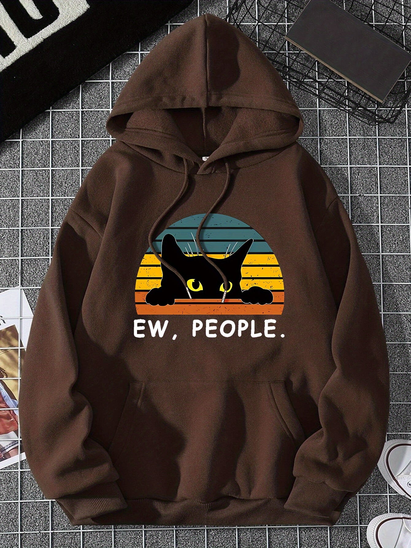 Cat Print Kangaroo Pocket Hoodie, Casual Long Sleeve Drawstring Hoodies Sweatshirt, Women's Clothing
