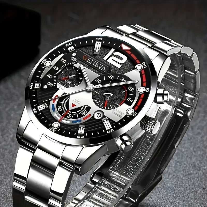 Men's 8pcs luxury gift set: stainless steel quartz watch with calendar, Golden arrow necklace, bracelet and ring - perfect business casual accessories for Valentine's Day, New Year, Easter, Ramadan, birthday, Christmas, Hallo
